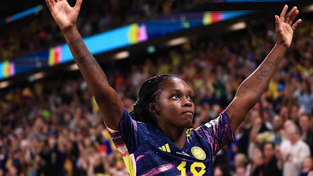 Linda Caicedo pictured celebrating after scoring for Colombia against Germany at the 2023 FIFA Women's World Cup